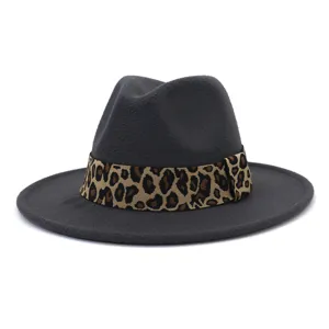Autumn winter felt jazz hat unisex european american leopard print wide brim flat hat