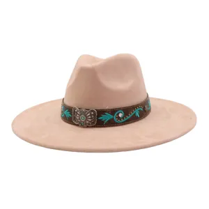 Sombrero fedora de ala ancha estilo occidental con bordado turquesa étnico y hebilla decorativa.