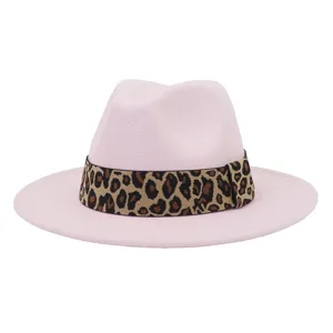 Detailed view of the pink felt fedora hat featuring a stylish leopard print band accent.