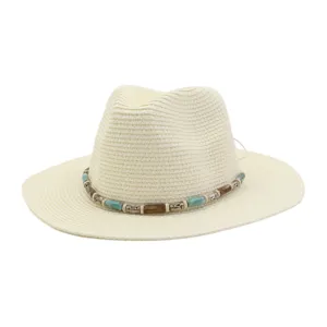 Chapeau de paille fedora été avec bande de perles large bord chapeau de plage anti-uv