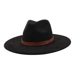 Black suede fedora hat with brown patterned leather band, stylish wide brim autumn headwear.