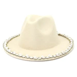 Detail view of the elegant women's felt fedora hat adorned with delicate pearls and crystals.