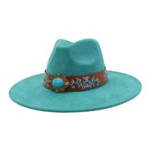 Sombrero de fieltro de ala ancha estilo bohemio con piedra turquesa y banda de cuero bordada.