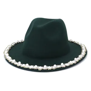 Dark green wool fedora hat with elegant pearl and rhinestone trim for women autumn winter fashion.