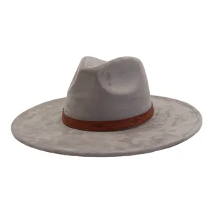 Classic grey suede fedora hat with a brown patterned band, wide brim, autumn winter stylish headwear.