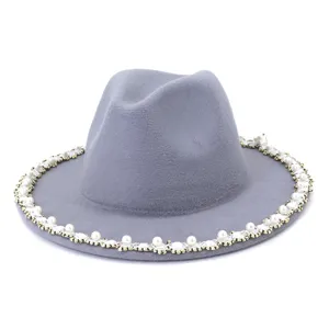 Grey felt fedora hat for women, elegant pearl and rhinestone brim decoration for autumn winter.