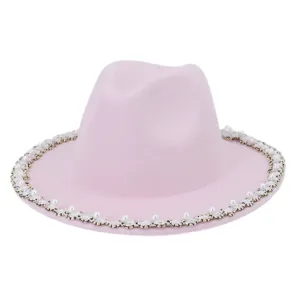 Pink woolen fedora hat for women, featuring elegant pearl and rhinestone brim trim details.