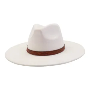 White wide-brim fedora hat detail, featuring a stylish brown patterned leather band accent.