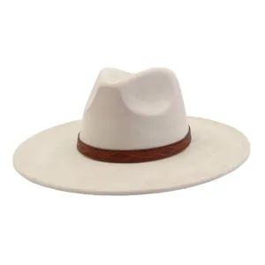 Suede fedora hat detail view, flat brim jazz hat closeup showing textured suede and leather band.