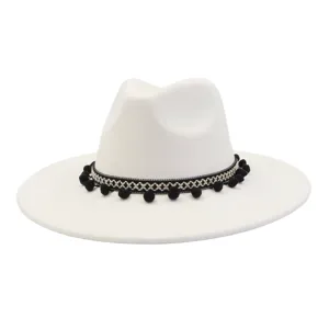 White wide brim fedoras jazz hat with black boho woven band and pom poms detail for women men.