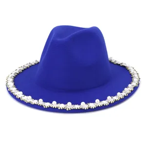 Blue wool fedora hat for women, elegant pearl and rhinestone brim decoration for winter fashion.