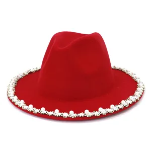 Exquisite pearl rhinestone brim detail of the elegant red wool felt jazz hat, autumn winter style