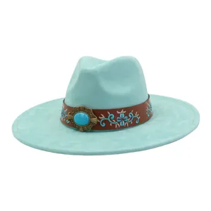 Sombrero fedora de ante turquesa para mujer hombre, sombrero de jazz de ala ancha.