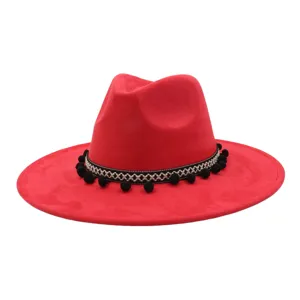 Red suede fedora hat with black pom pom band stylish boho sun hat for women and men