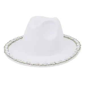 Elegant white wool felt fedora hat featuring a stunning pearl and crystal brim trim detail.