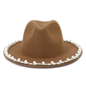 Women Brown Fedora Hat Pearl Rhinestone Trim Winter Woolen Jazz Cap Elegant Fashion