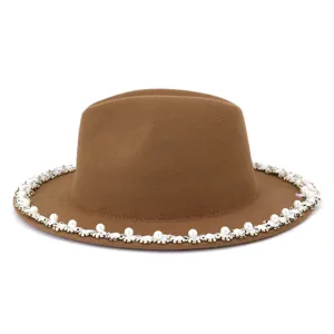 Classic brown wool felt fedora hat featuring elegant pearl and rhinestone brim trim for women.