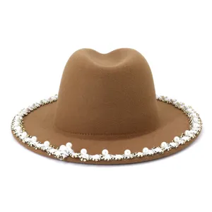 Elegant brown wool felt fedora hat for women, featuring chic pearl and tweed brim trim.