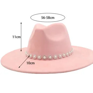 Pink felt fedora hat with pearl rhinestone flower band, wide brim fashion sun hat for women.