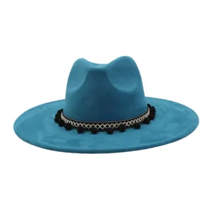 Turquoise blue wide brim fedora hat faux suede jazz cap with stylish boho pom pom woven band unisex