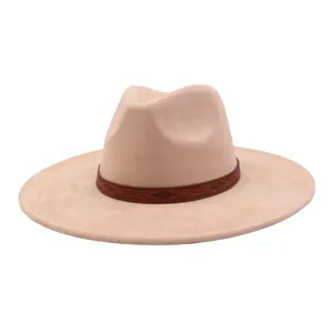 Suede wide brim fedora hat with ethnic leather band for autumn winter casual unisex style