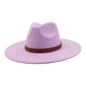 Close-up of the stylish purple fedora hat featuring a brown patterned leather belt design.