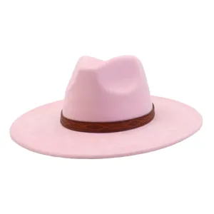 Pink suede wide brim jazz hat detailed view, elegant autumn winter fedora for women.