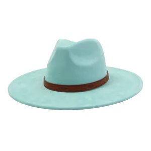 Light blue suede fedora hat with brown leather band, wide brim jazz hat for autumn winter.