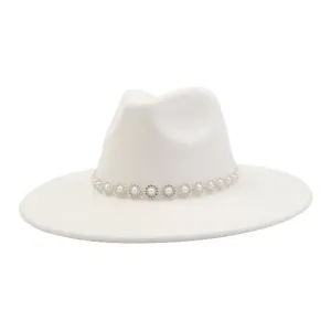 Unisex Wide Brim Fedora Hat Suede Gentleman Hat With Pearl Rhinestone Decor Vintage Fashion Sun Hat For Women Men