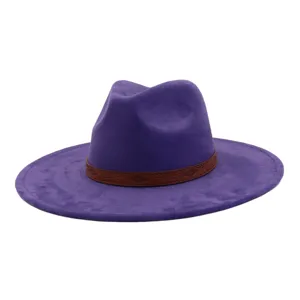 Purple suede wide brim fedora hat with bohemian leather band for autumn and winter.