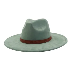 Sage green suede fedora hat detail, wide brim jazz cap with ethnic brown leather band design.