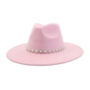 Pink suede fedora hat detail, elegant wide brim gentleman hat with pearl rhinestone band.
