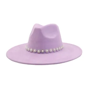 Purple felt fedora hat for women and men wide brim jazz cap with elegant pearl rhinestone band
