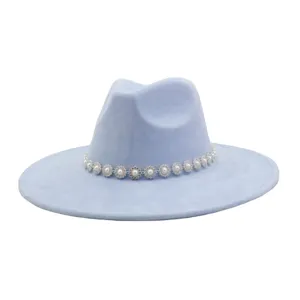 Light blue suede fedora hat wide brim couple hat with pearl rhinestone flower chain detail