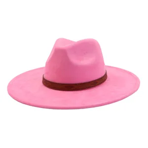 Pink wide-brim fedora hat detail, soft suede-like texture with bohemian pattern leather band.
