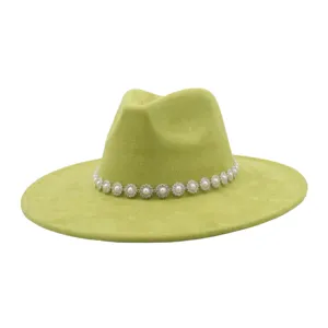 Green suede fedora hat with pearl rhinestone floral band for stylish daily autumn outfits.