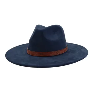Dark blue soft suede wide brim fedora hat with brown leather band for autumn and winter fashion.