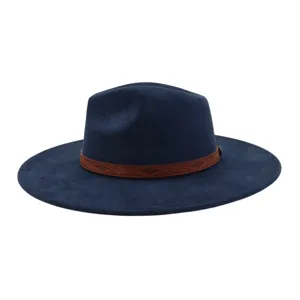 Detailed view of the navy blue suede wide-brim fedora hat with brown decorative leather band.