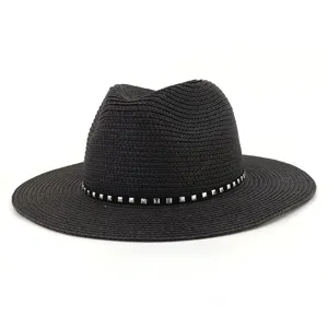 Chapeau de paille Fedora noir avec clous, chapeau de soleil de plage élégant femme