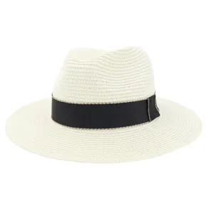 Chapeau fedora en paille beige pour femme, élégant chapeau de soleil avec ruban noir.