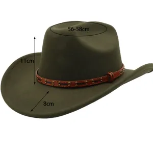 Classic green wool fedora hat with studded brown strap, western cowboy hat, 56-58cm