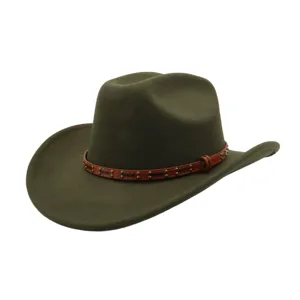 Classic army green wool felt cowboy hat with studded brown leather band detail for men women.