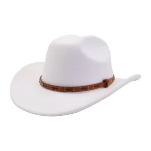 Detailed shot of white wool felt cowboy hat with brown studded leather hat band accent.