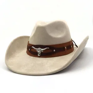 Classic beige suede western cowboy hat with brown leather band and silver longhorn skull detail.
