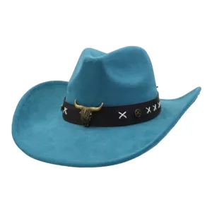 Blue suede cowboy hat with vintage bull skull ornament wide brim fedora cap for men and women