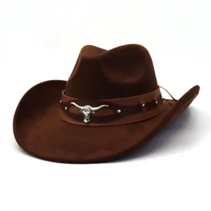 Classic brown suede cowboy hat with stylish leather band and silver bull skull metal accent.