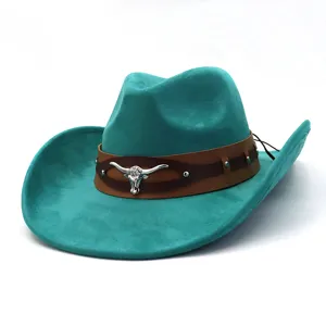 Turquoise suede western cowboy hat with brown leather band and silver longhorn skull detail.
