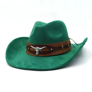 Detail view of green faux suede western cowboy hat with brown leather band and bull metal.