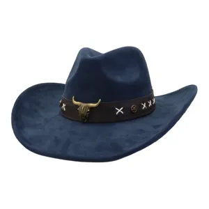 Dark blue suede cowboy hat with vintage bull skull, brown leather band, and stylish white stitching.