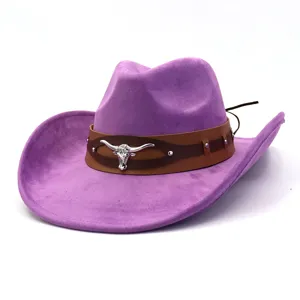 Stylish purple western cowboy hat for men and women, wide brim with leather belt and bull decor.